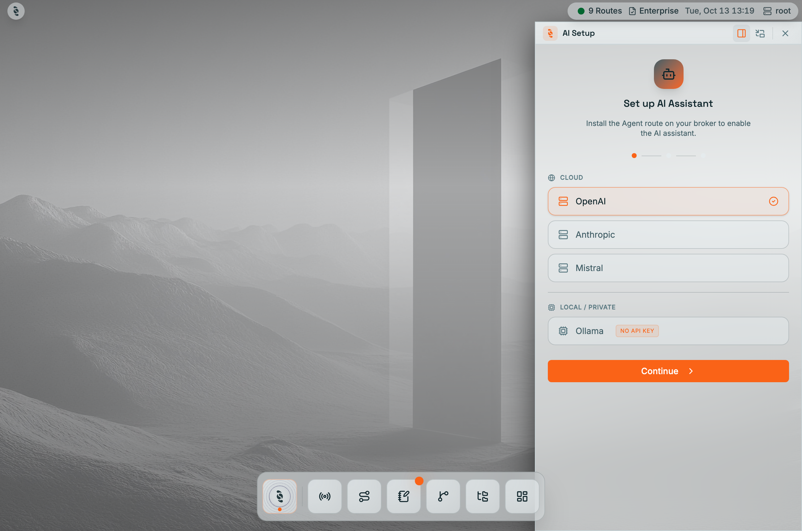 Coreflux HUB with the AI Setup wizard open on the right, titled Set up AI Assistant with the note Install the Agent route on your broker to enable the AI assistant, a step indicator, Cloud providers OpenAI (selected) and Anthropic, Local / Private Ollama tagged No API key, and a Continue button