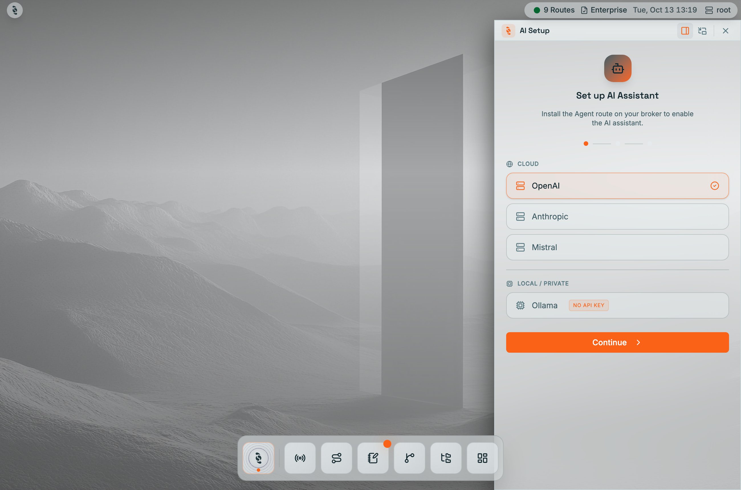 Coreflux HUB with the AI Setup wizard open on the right, titled Set up AI Assistant with the note Install the Agent route on your broker to enable the AI assistant, a step indicator, Cloud providers OpenAI (selected) and Anthropic, Local / Private Ollama tagged No API key, and a Continue button