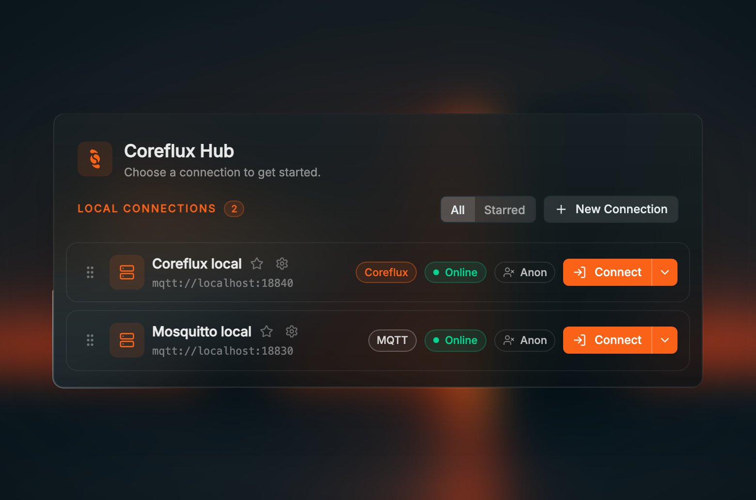 Coreflux HUB login card with Local Connections 2: Coreflux local at mqtt://localhost:18840 tagged Coreflux and Mosquitto local at mqtt://localhost:18830 tagged MQTT, both Online with an anonymous identity and Connect buttons, plus All and Starred filters and New Connection
