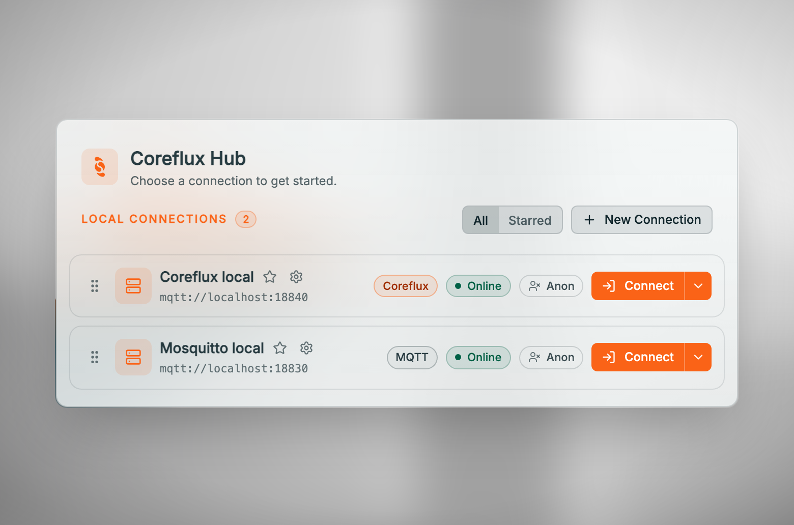 Coreflux HUB login card with Local Connections 2: Coreflux local at mqtt://localhost:18840 tagged Coreflux and Mosquitto local at mqtt://localhost:18830 tagged MQTT, both Online with an anonymous identity and Connect buttons, plus All and Starred filters and New Connection