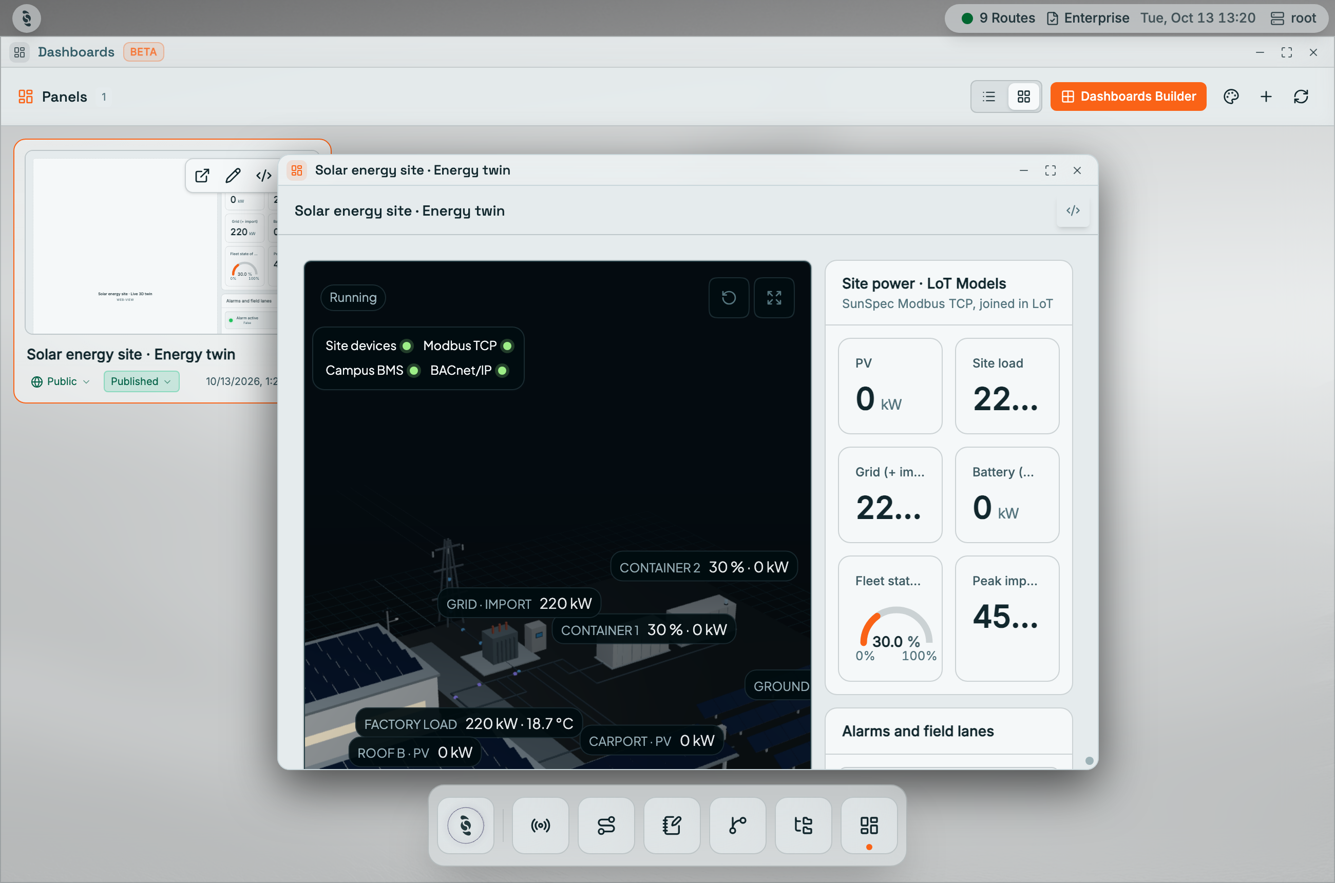 Coreflux HUB with the Dashboards window in the background and the Solar energy site · Energy twin panel open in a floating window showing a 3D site view with live labels and Site power cards for PV, Site load, Grid, Battery, and Fleet state of charge