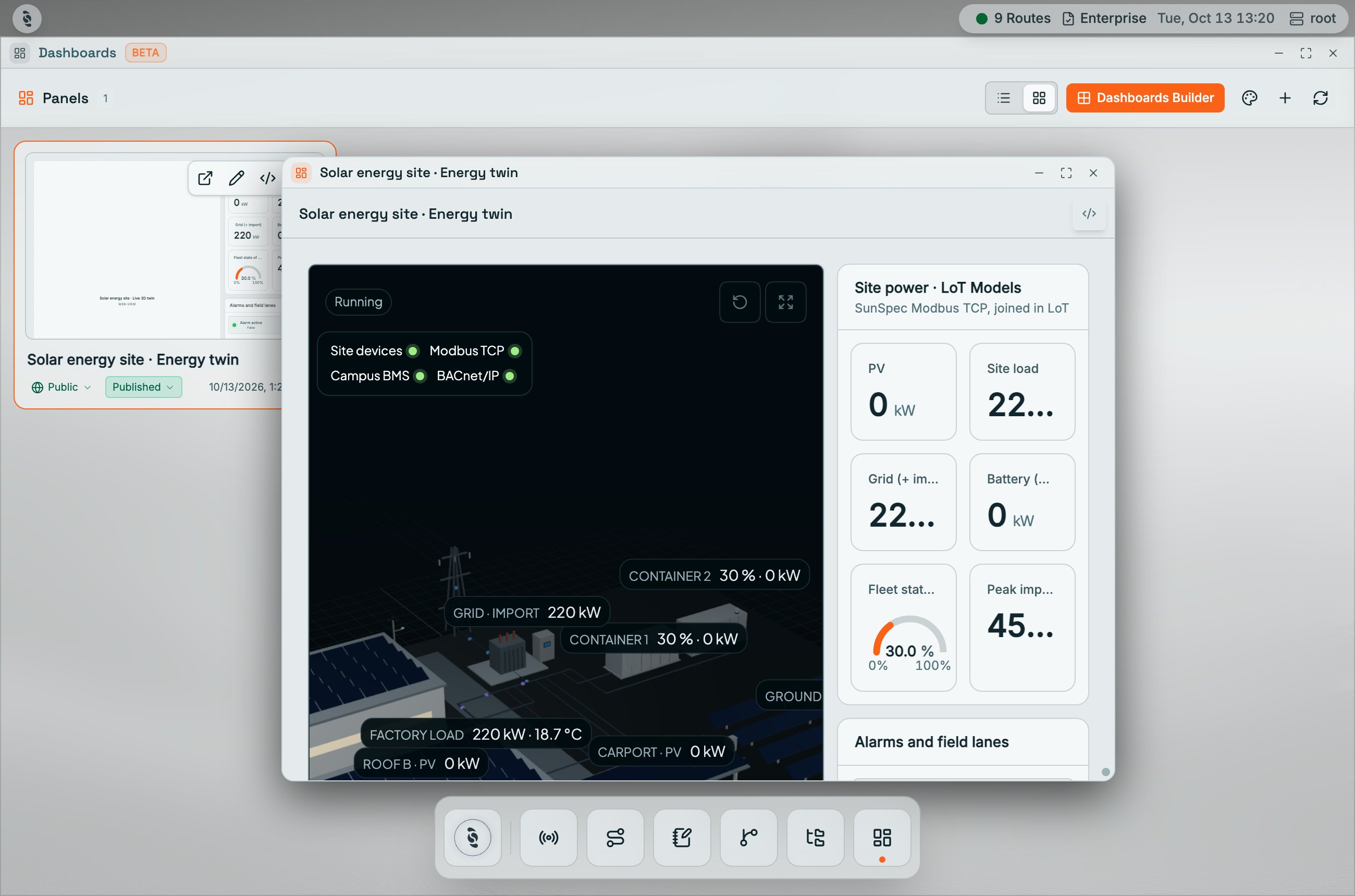 Coreflux HUB with the Dashboards window in the background and the Solar energy site · Energy twin panel open in a floating window showing a 3D site view with live labels and Site power cards for PV, Site load, Grid, Battery, and Fleet state of charge