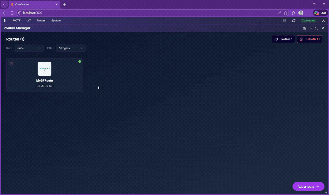 Coreflux HUB Routes Manager showing how to click a route card and select Monitor to open the monitoring window