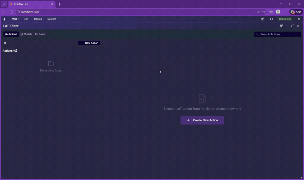 Animated walkthrough of creating a new Action in the Coreflux HUB LoT Editor and viewing the published data in MQTT Explorer