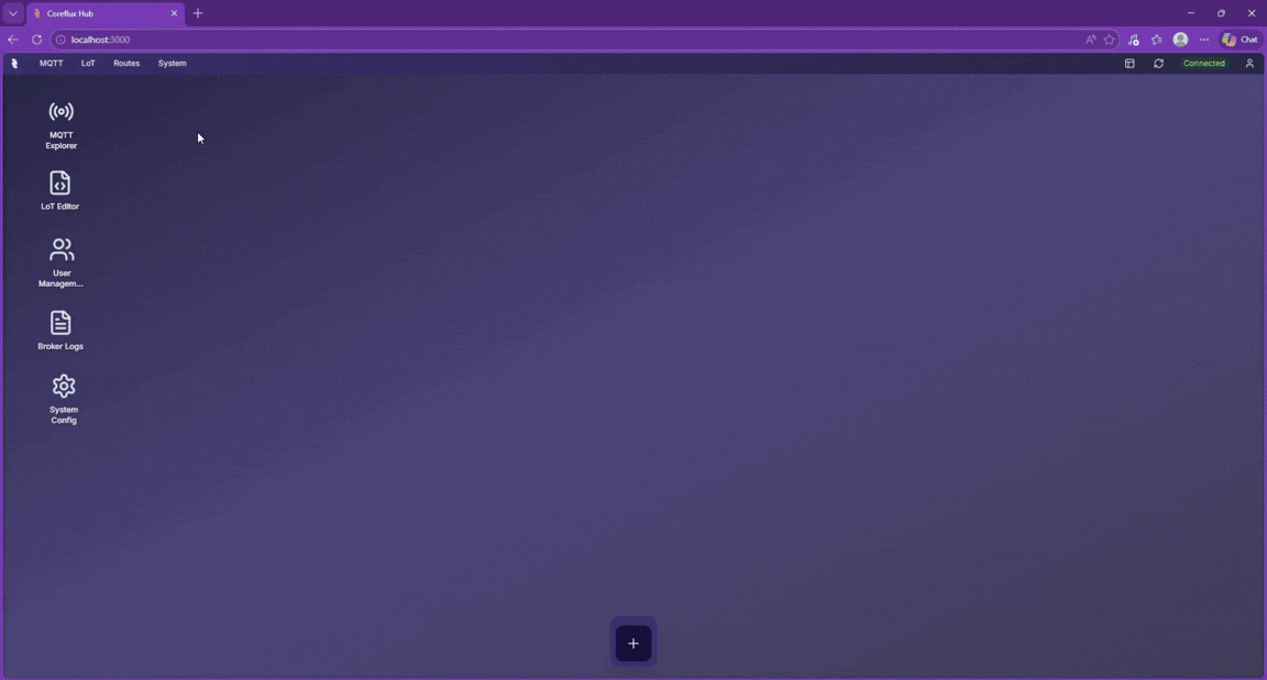 Coreflux HUB System app showing broker logs and the command console