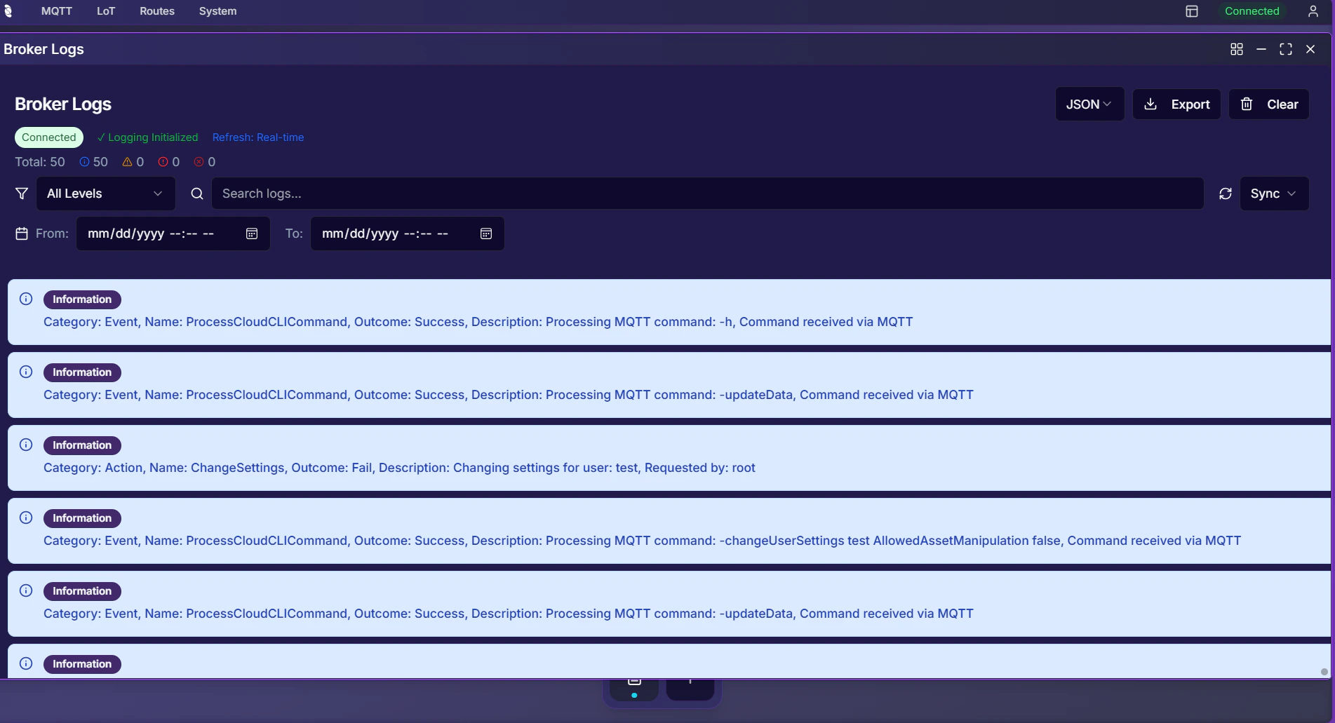 Coreflux HUB Broker Logs showing Connected status, Logging Initialized, total 50 information entries, level filter dropdown, search field, date range filters, JSON format toggle, Export and Clear buttons, and log entries with timestamps and descriptions