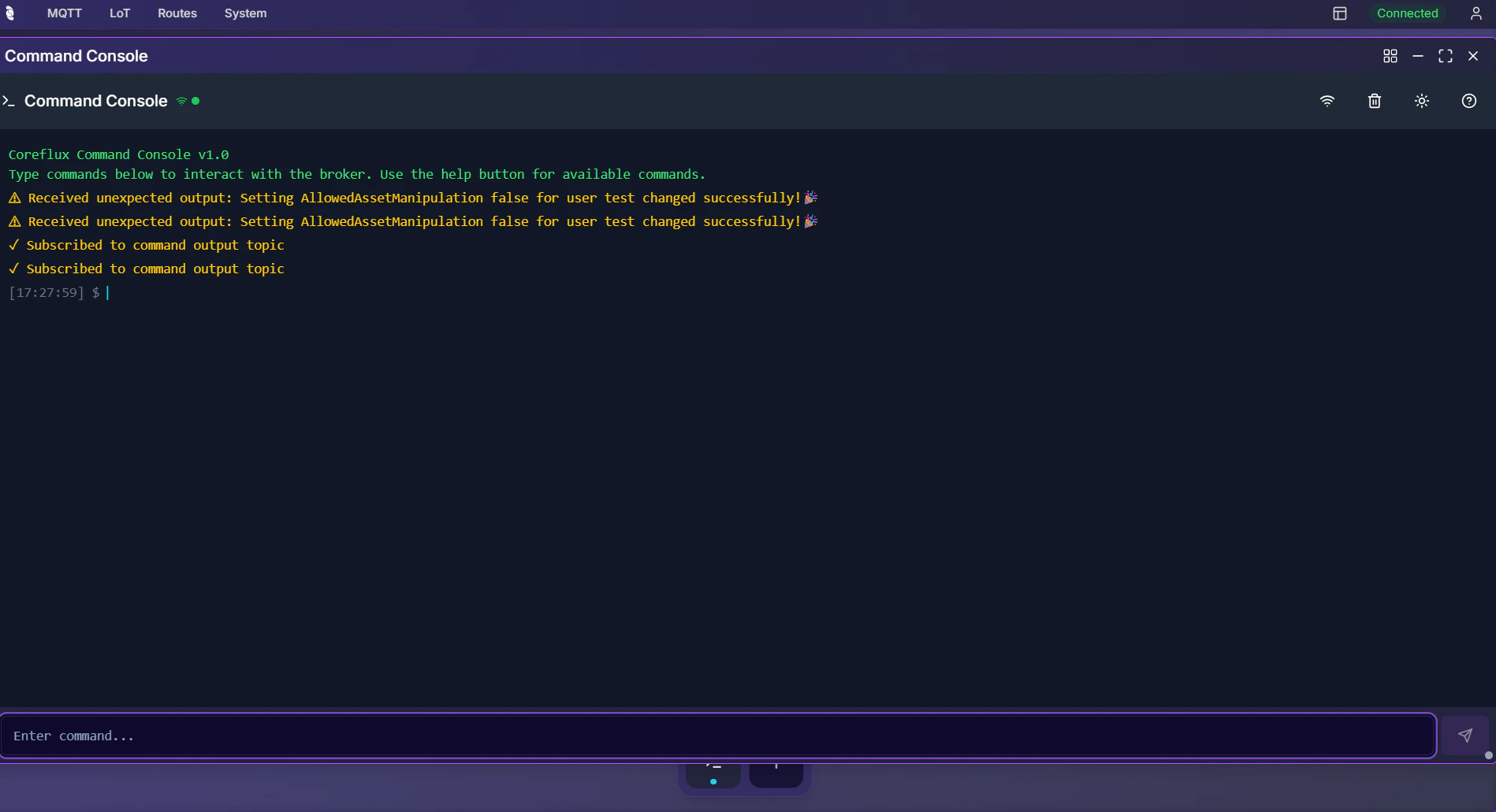 Coreflux HUB Command Console showing Coreflux Command Console v1.0 with subscribed output topic confirmation, command output messages, and an Enter command input field with send button