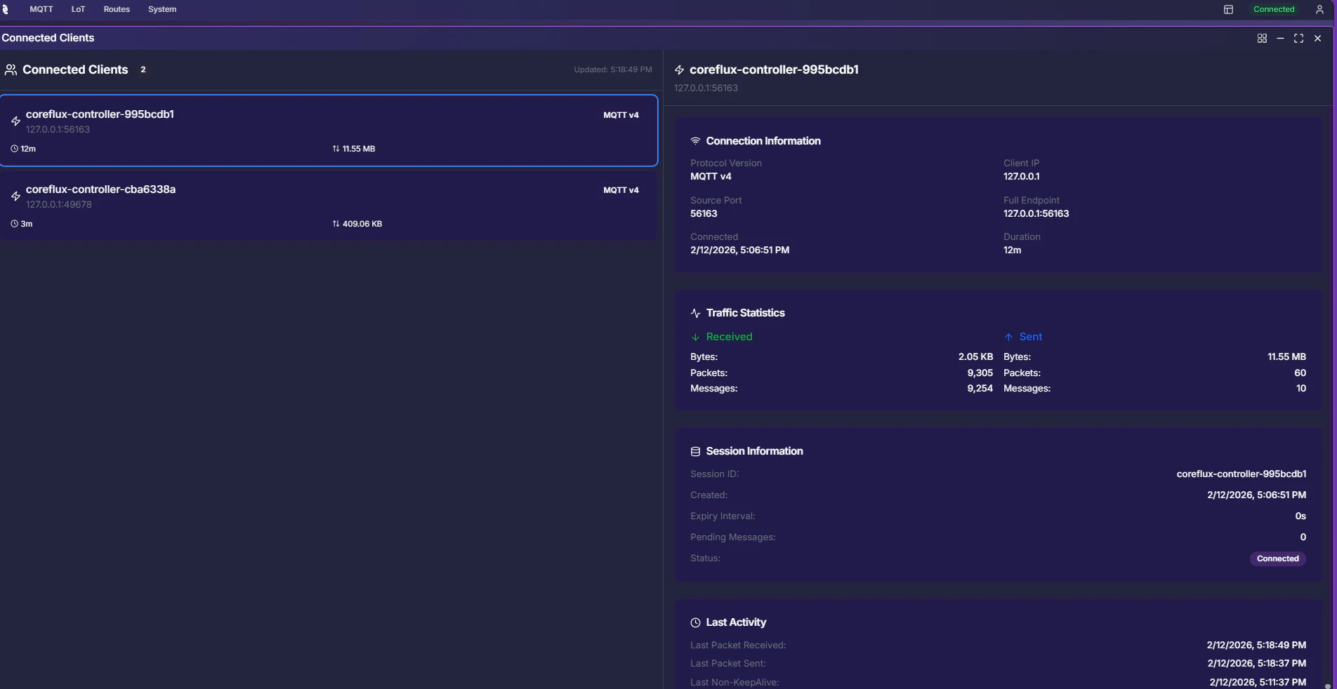 Coreflux HUB Connected Clients detail view with Connection Information, Traffic Statistics, Session Information, and Last Activity sections