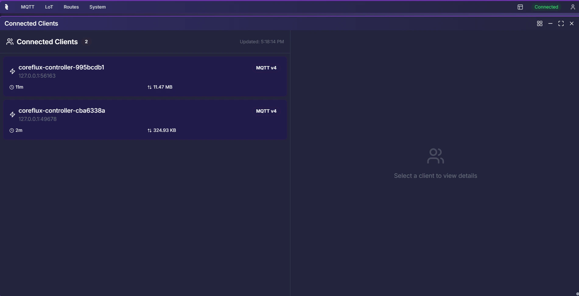 Coreflux HUB Connected Clients overview showing a list of active client connections with Client ID, Endpoint, Duration, Traffic, and Protocol columns