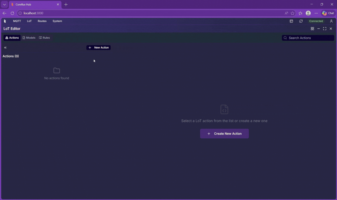 Animated walkthrough of opening the LoT Editor, selecting the Actions tab, and clicking New Action in Coreflux HUB