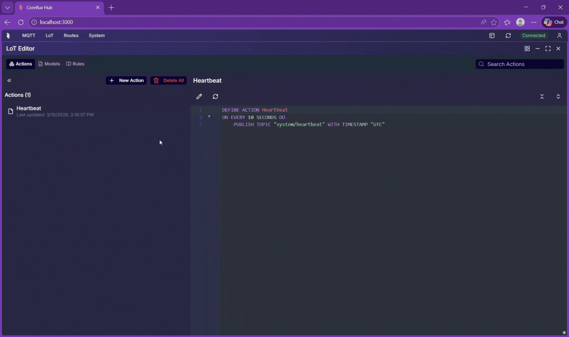 Animated walkthrough of selecting and deleting an Action in the Coreflux HUB LoT Editor