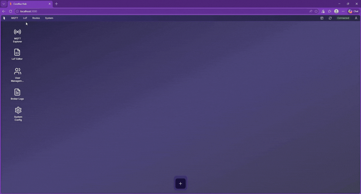 Coreflux HUB LoT Editor showing an Action being edited and deployed