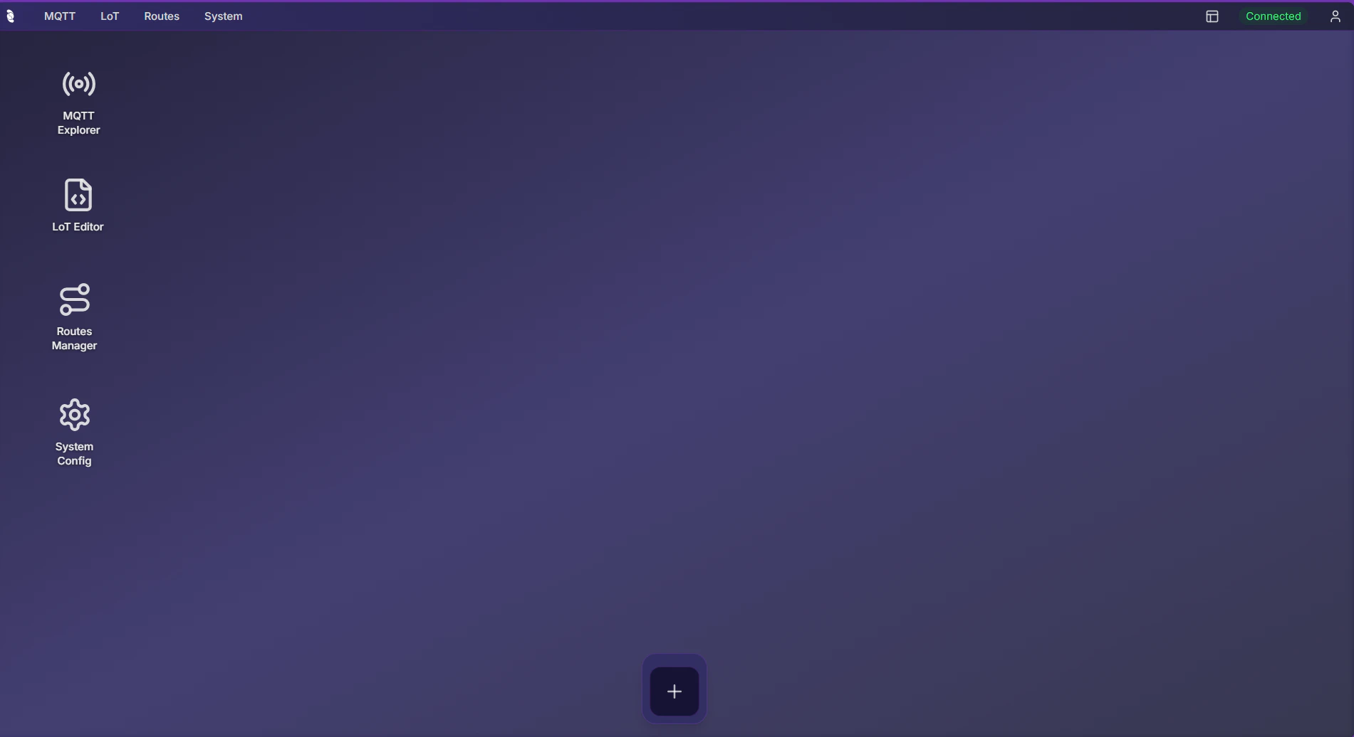Coreflux HUB dashboard with MQTT Explorer, LoT Editor, Routes Manager, and System Config icons