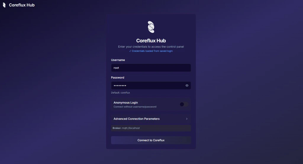Coreflux HUB login screen showing username and password fields with Connect to Coreflux button