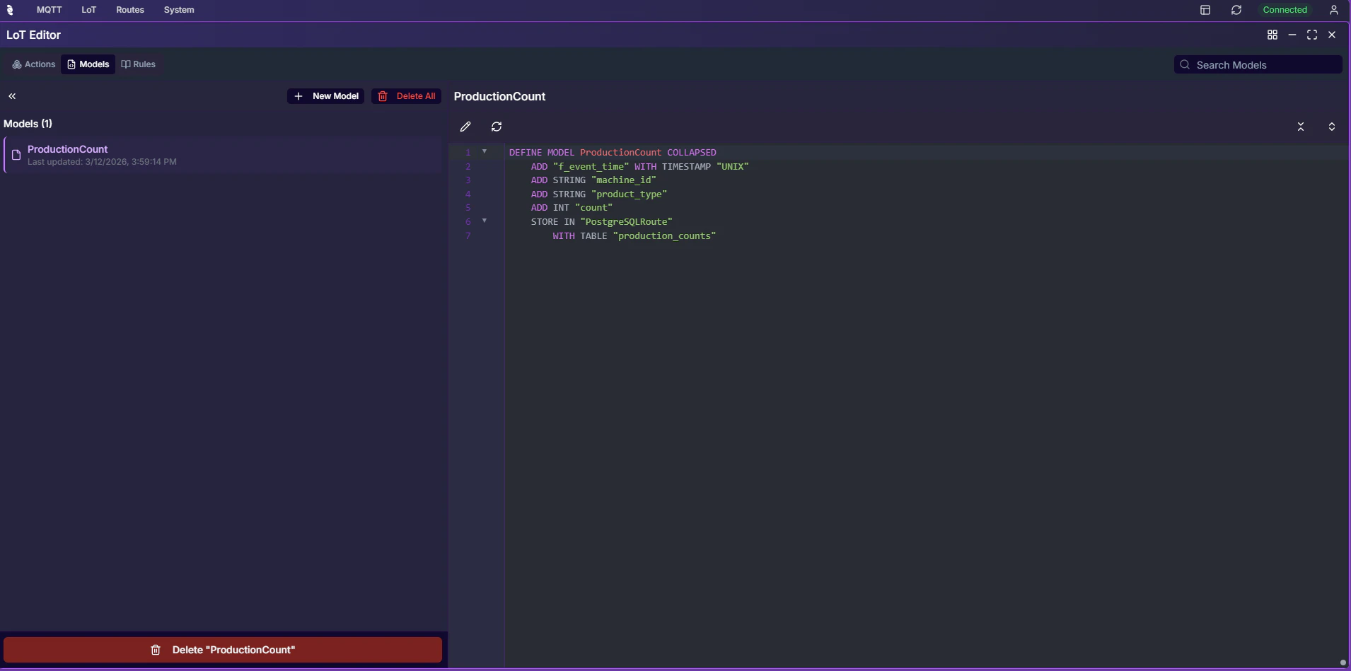 Coreflux HUB LoT Editor showing Actions, Models, and Rules tabs with the code editor