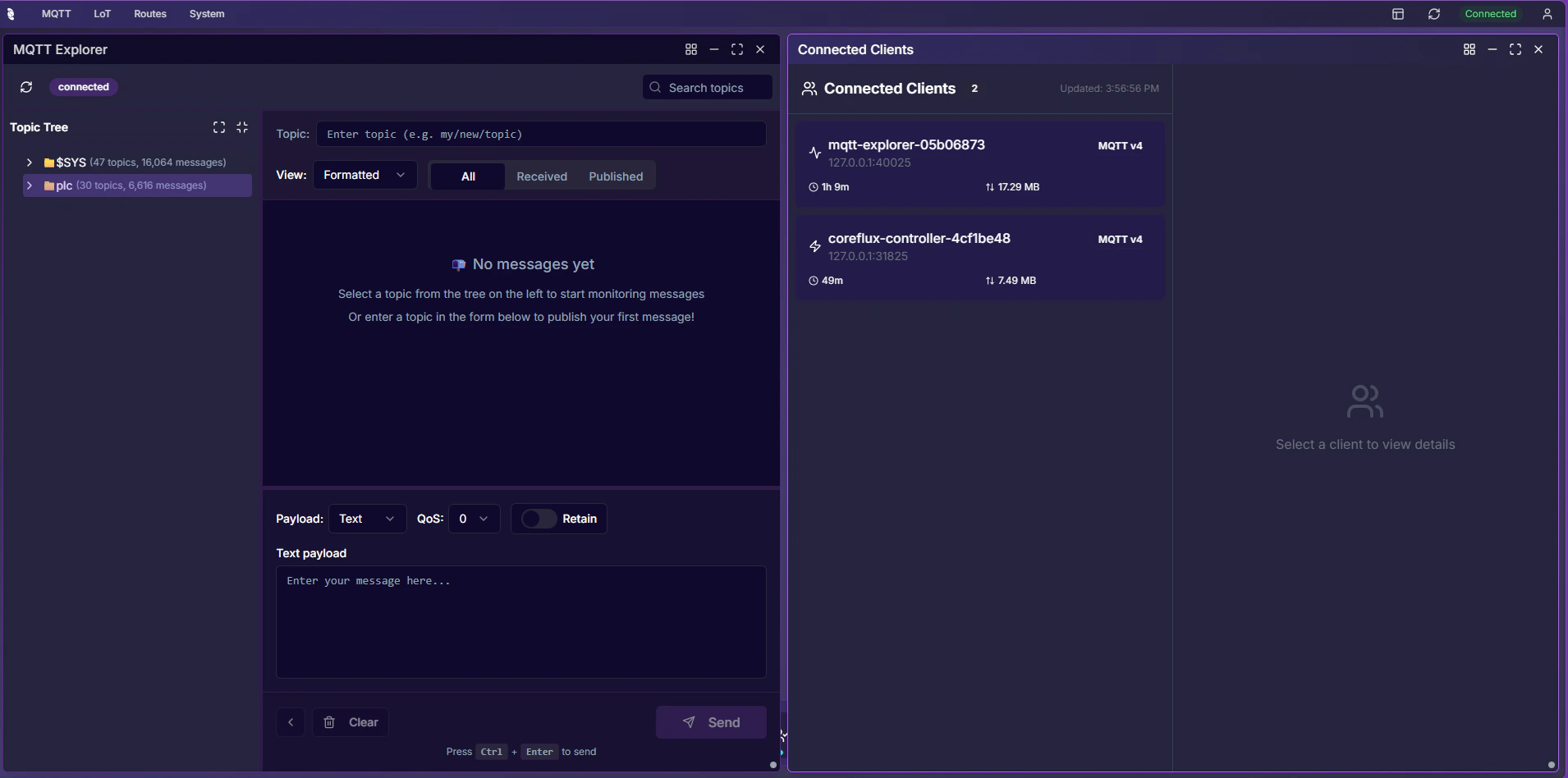 Coreflux HUB MQTT app showing the MQTT Explorer topic tree and Connected Clients tab