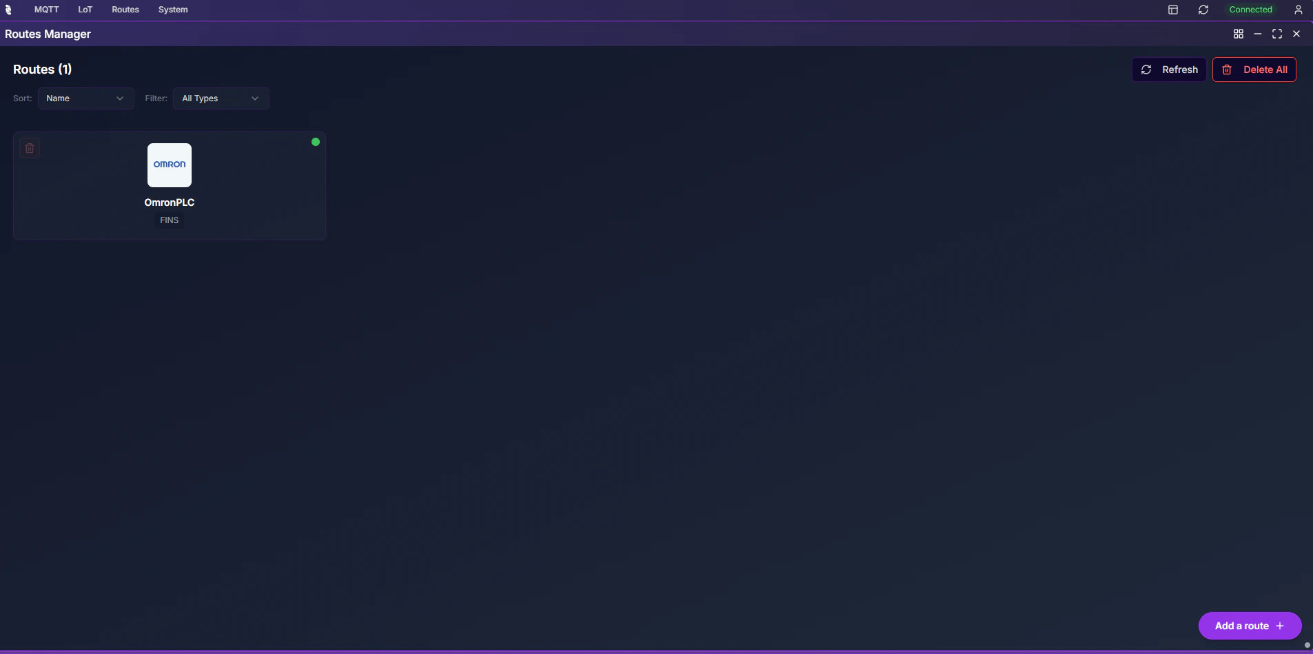 Coreflux HUB Routes app showing route cards with green/red status indicators