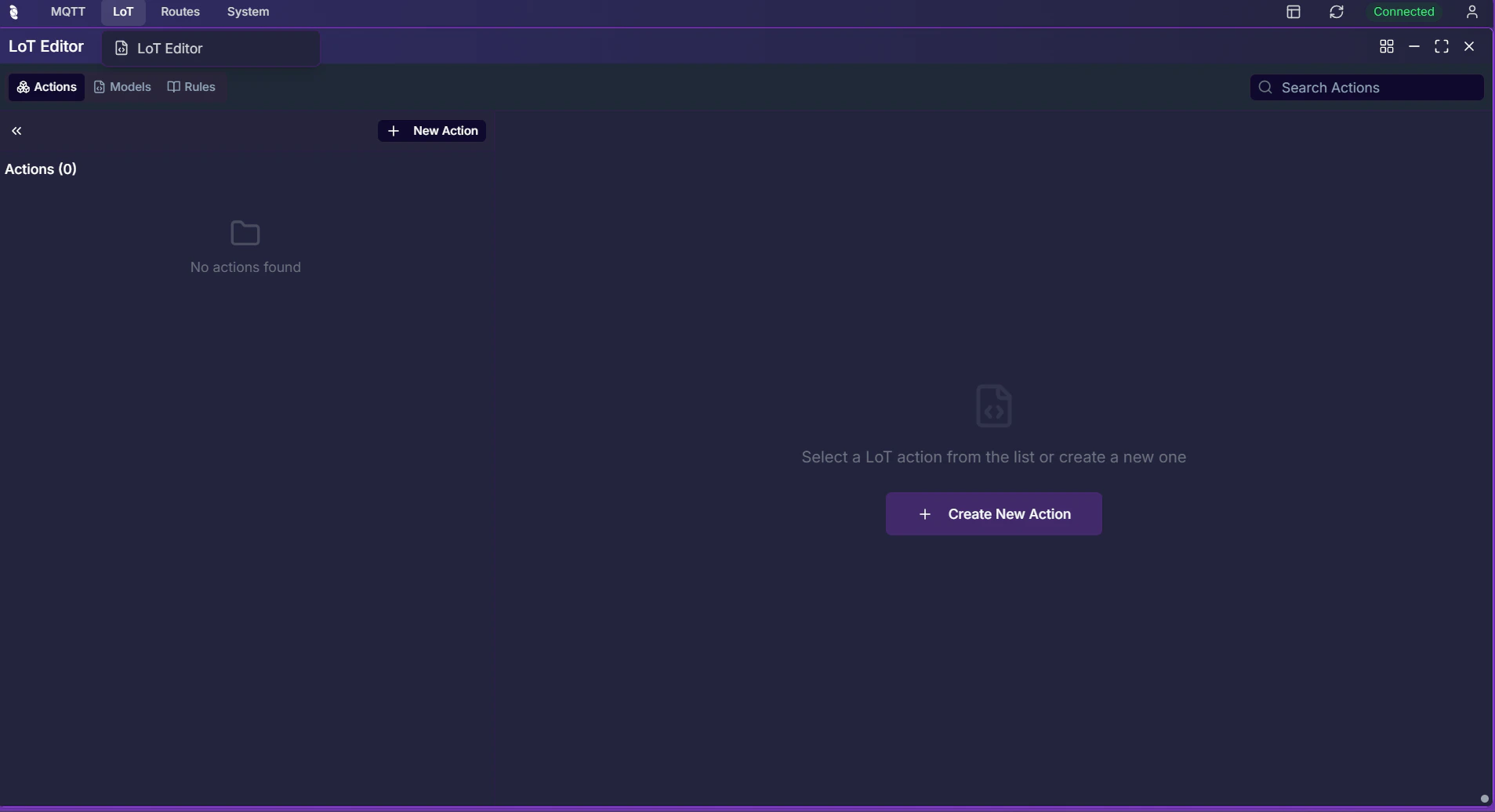 Coreflux HUB LoT Editor showing the Actions tab with Models, Rules, and Actions tabs, an empty Actions (0) list, + New Action button, and a Create New Action button in the center