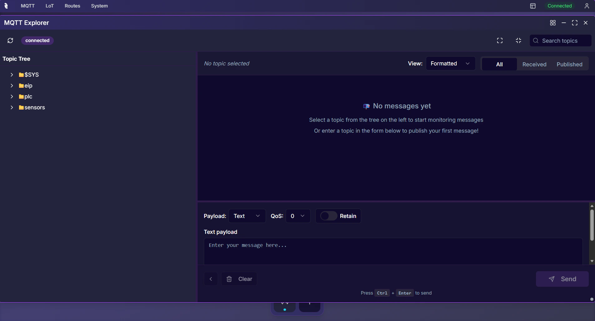 Coreflux HUB MQTT Explorer showing Topic Tree with $SYS, eip, plc, and sensors topics, an empty payload viewer with No topic selected, and publish controls with Payload type, QoS, Retain toggle, text input, and Send button