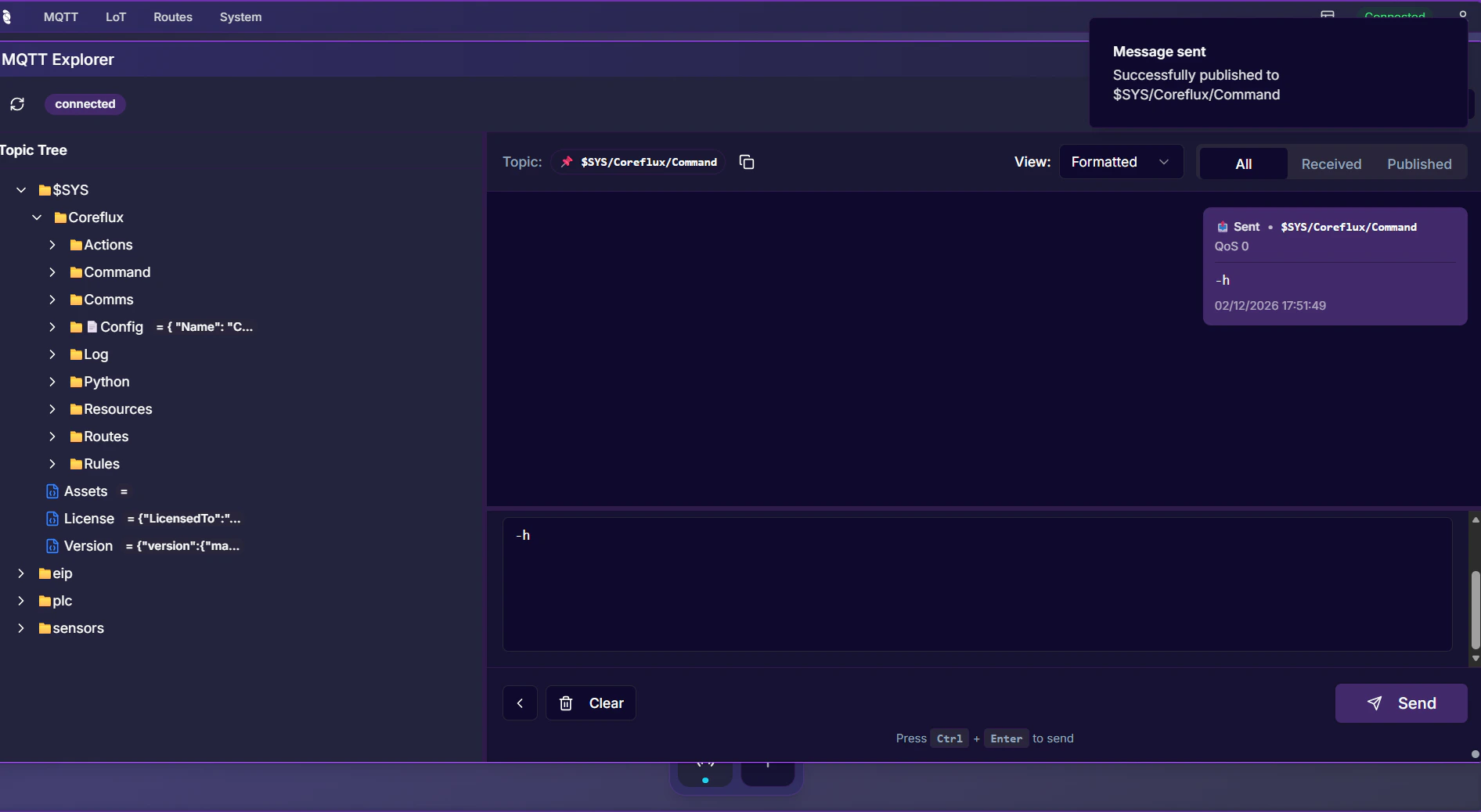 Coreflux HUB MQTT Explorer showing a published message to $SYS/Coreflux/Command with payload -h, a Message sent success toast, and the sent message displayed in the payload viewer