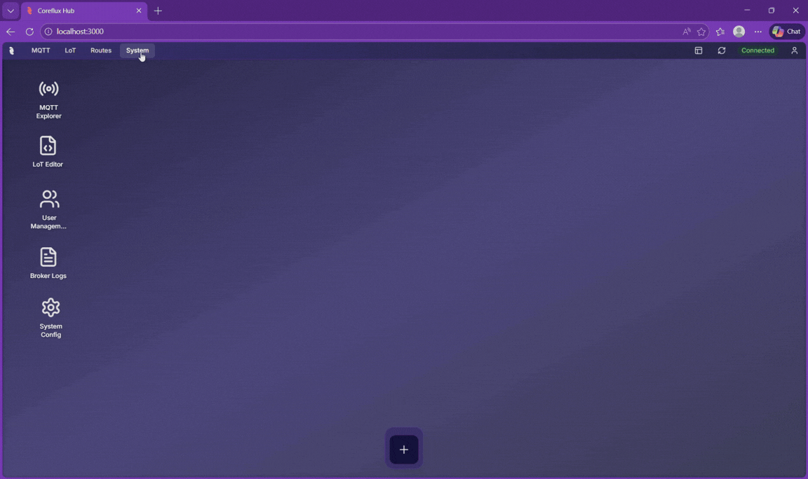 Navigating to the Command Console in the Coreflux HUB by selecting System in the top navigation and clicking Command Console