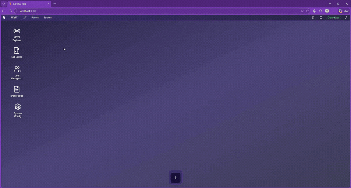Animated walkthrough showing how to open the MQTT Explorer from the Coreflux HUB top navigation