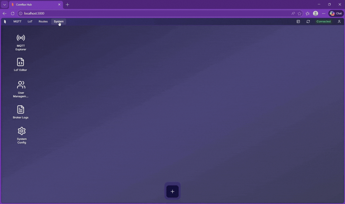 Navigating to System Configuration in the Coreflux HUB by selecting System in the top navigation and clicking System Config