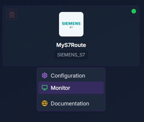 Coreflux HUB route card for MyS7Route with context menu open, showing Configuration, Monitor, and Documentation options
