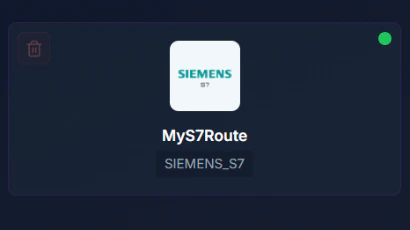 Coreflux HUB route card for a Siemens S7 route with a green status dot indicating connected