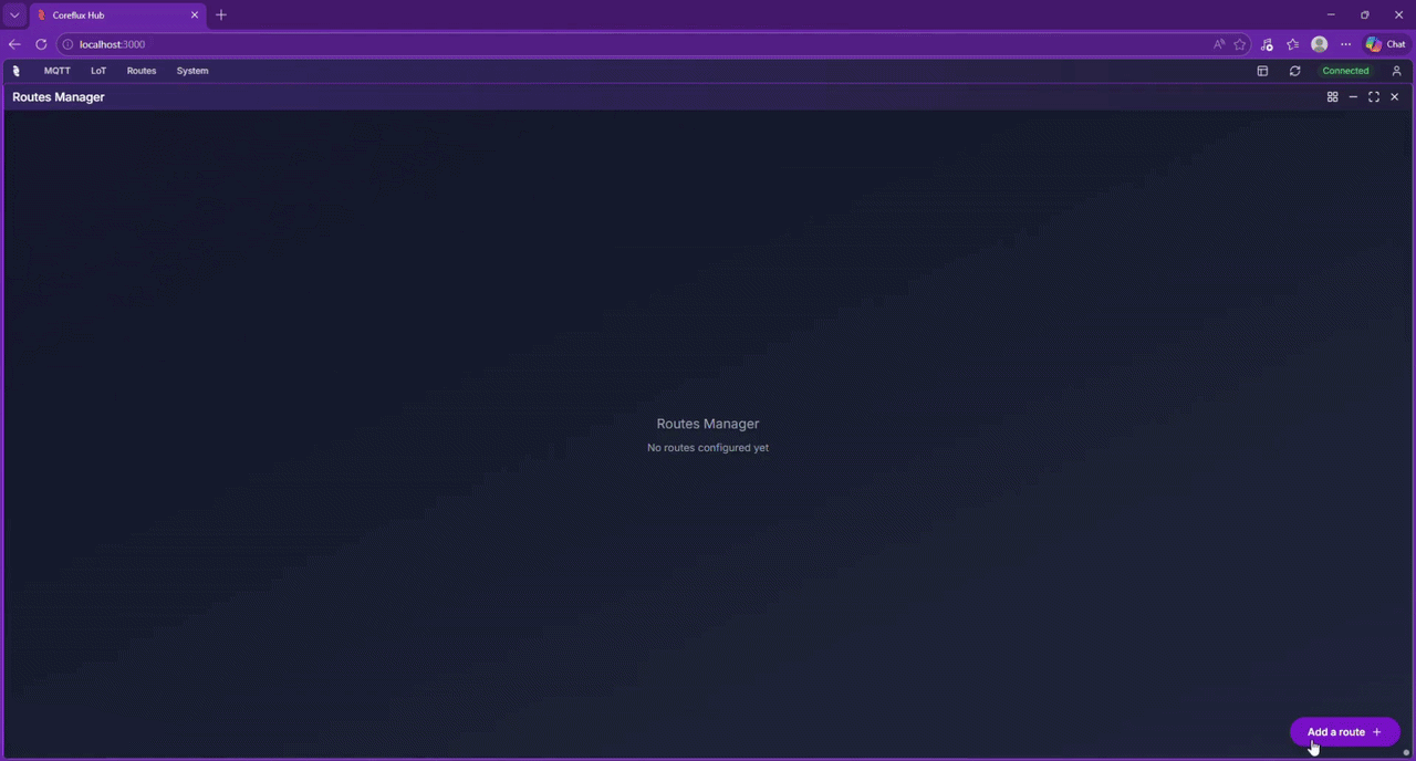 Coreflux HUB Routes app showing route creation with a template and configuration fields