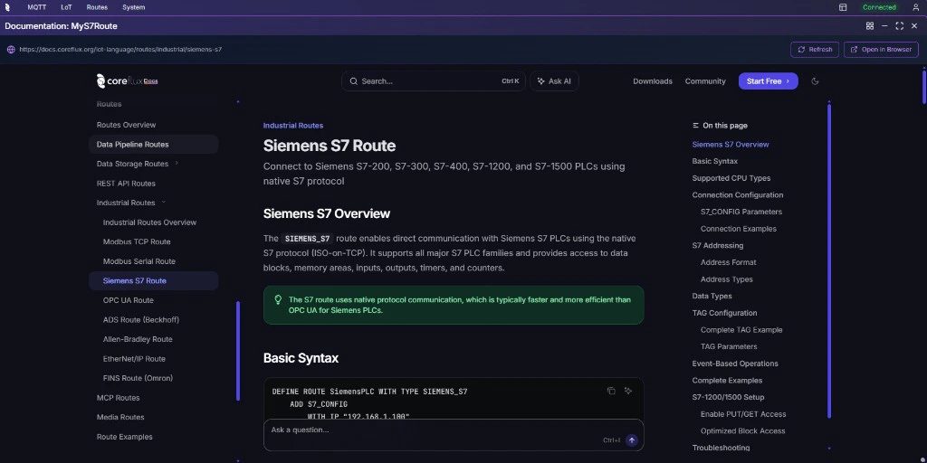 Coreflux HUB embedded documentation viewer showing Siemens S7 Route docs with syntax, configuration, and addressing reference