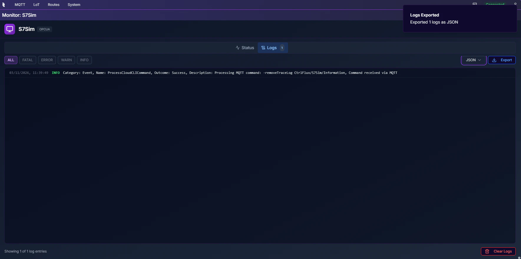 Coreflux HUB Route Logs showing a Logs Exported toast confirming Exported 3 logs as JSON, with the same log entries and export controls visible