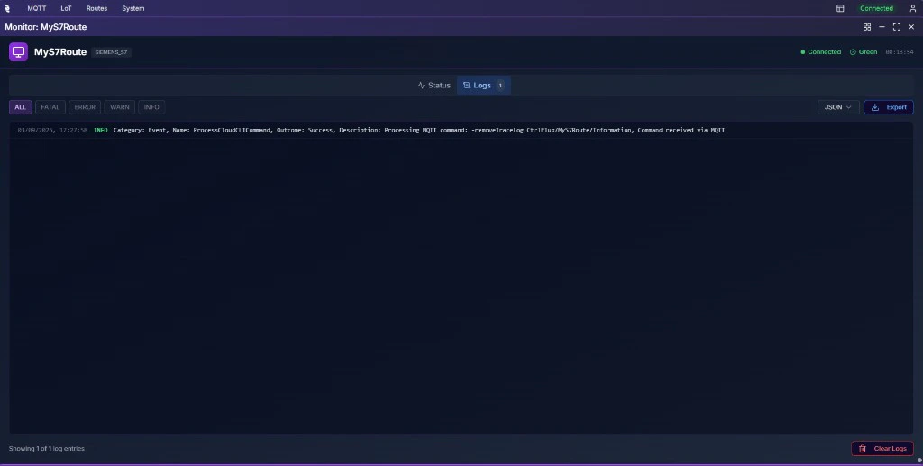 Coreflux HUB Monitor window Logs tab for MyS7Route showing INFO log entries with timestamp, category, name, outcome, and description, plus ALL/FATAL/ERROR/WARN/INFO filters, JSON format selector, Export button, and Clear Logs