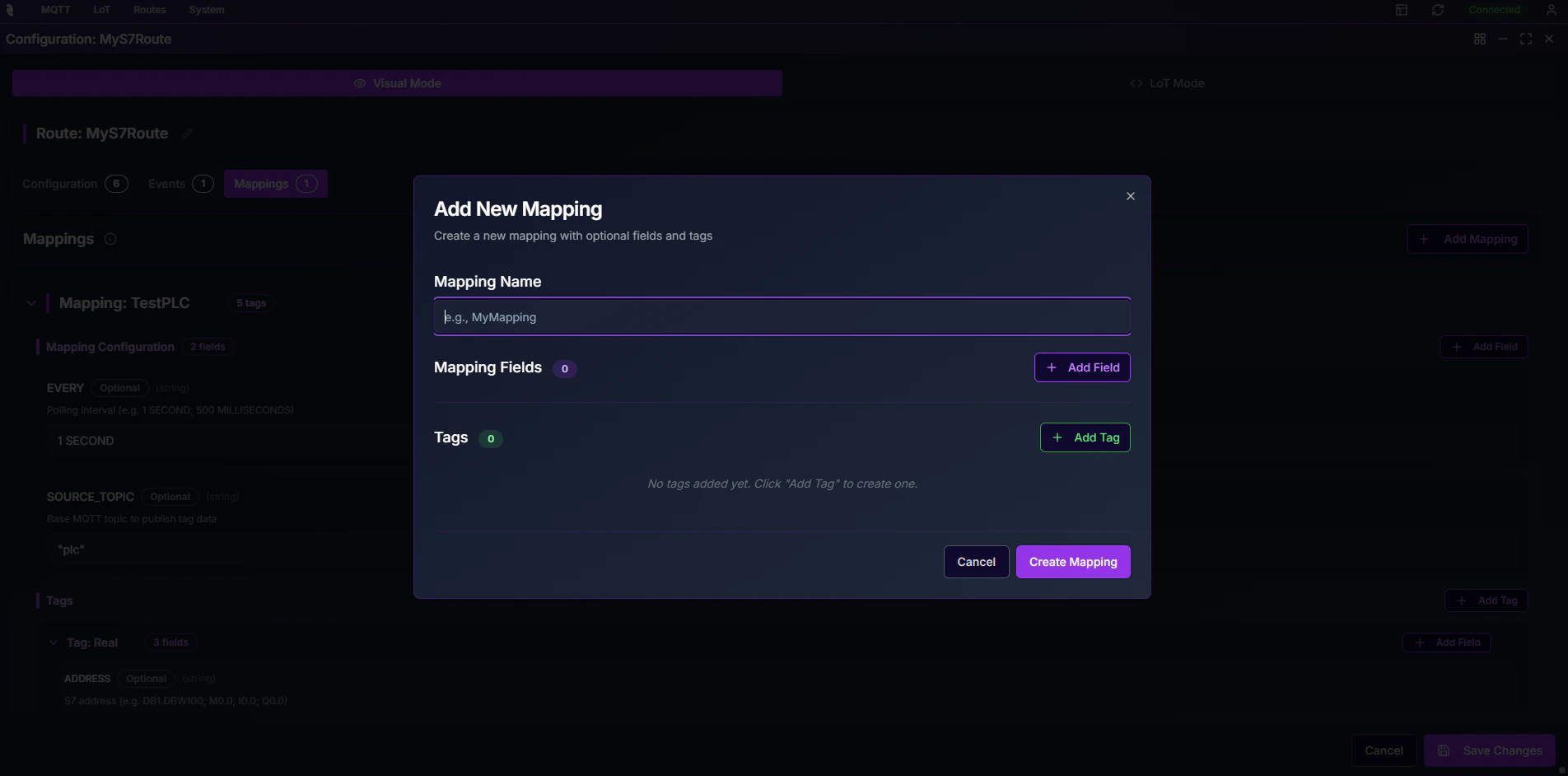 Coreflux HUB Add New Mapping modal with Mapping Name input, Mapping Fields (0) with Add Field button, Tags (0) with Add Tag button, and Create Mapping button