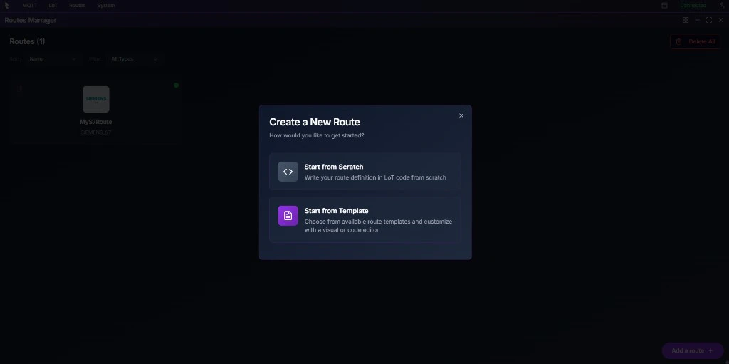 Coreflux HUB Create a New Route modal with Start from Scratch and Start from Template options