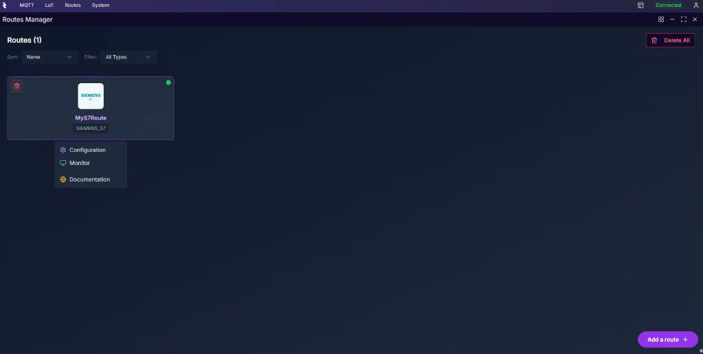 Coreflux HUB route card context menu showing Configuration, Monitor, and Documentation options with icons