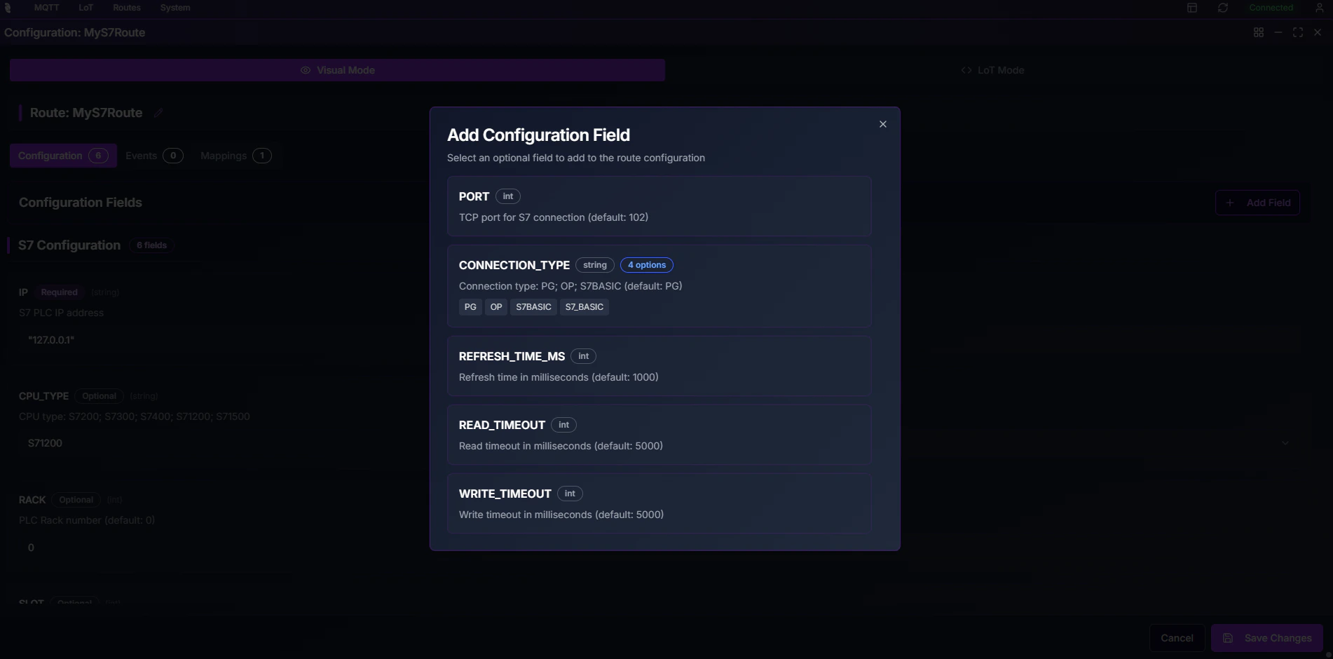 Coreflux HUB Add Configuration Field modal showing CONNECTION_TYPE (string, 4 options: PG, OP, S7BASIC, S7_BASIC), REFRESH_TIME_MS (int), READ_TIMEOUT (int), and WRITE_TIMEOUT (int)