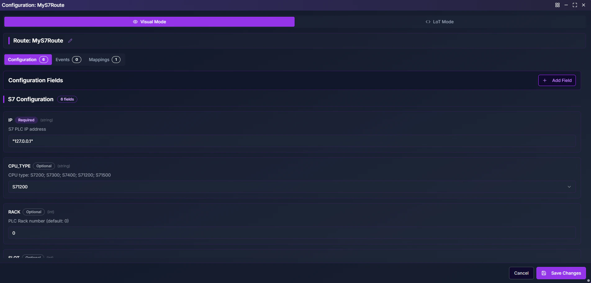 Coreflux HUB Route Configuration tab for a Siemens S7 route showing IP (required), CPU_TYPE (optional), and RACK (optional) fields