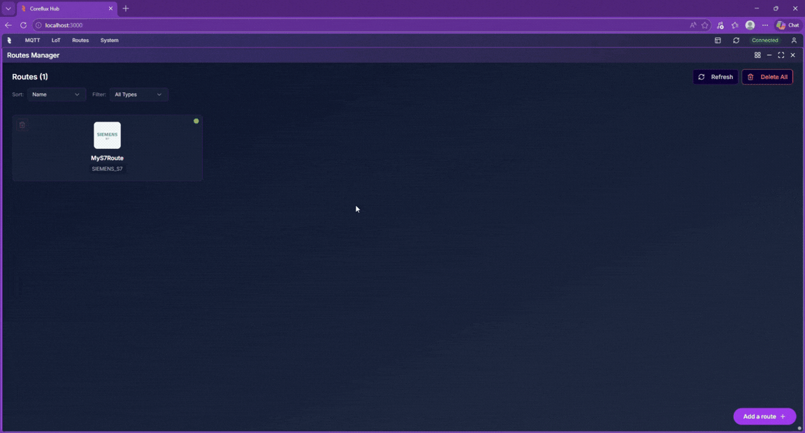 Coreflux HUB Route Configuration panel showing Visual Mode and LoT Mode toggle with configuration, events, and mappings tabs