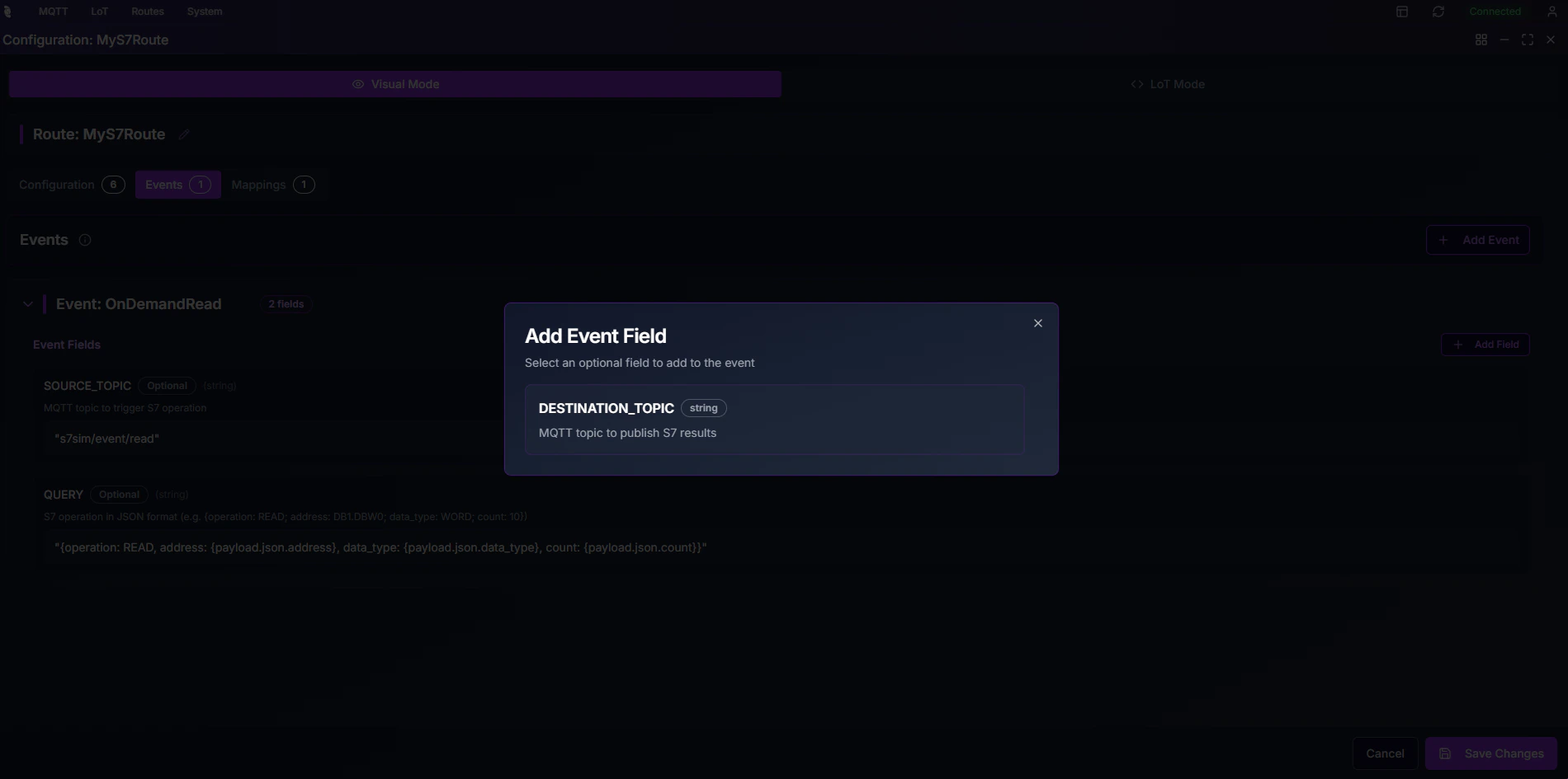 Coreflux HUB Add Event Field modal showing DESTINATION_TOPIC (string) option to add to the event