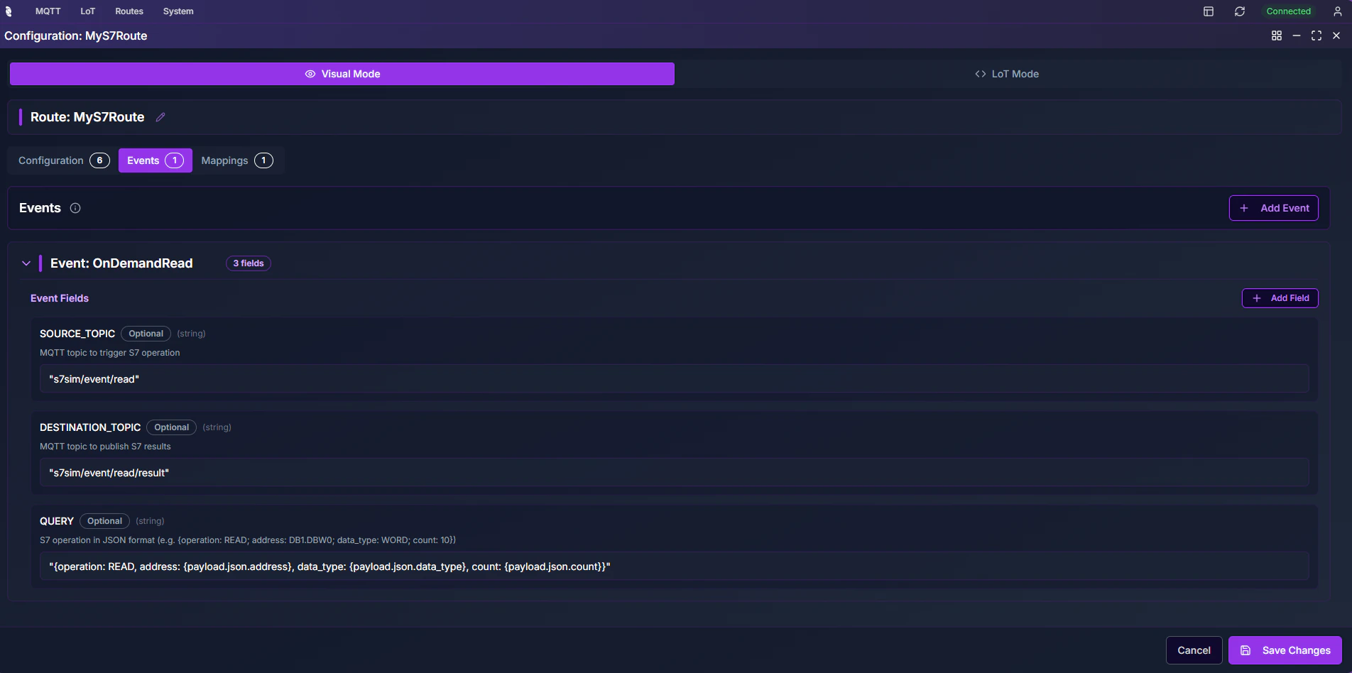 Coreflux HUB Route Configuration Events tab showing Event TestEvent with 3 fields: SOURCE_TOPIC, DESTINATION_TOPIC, and QUERY