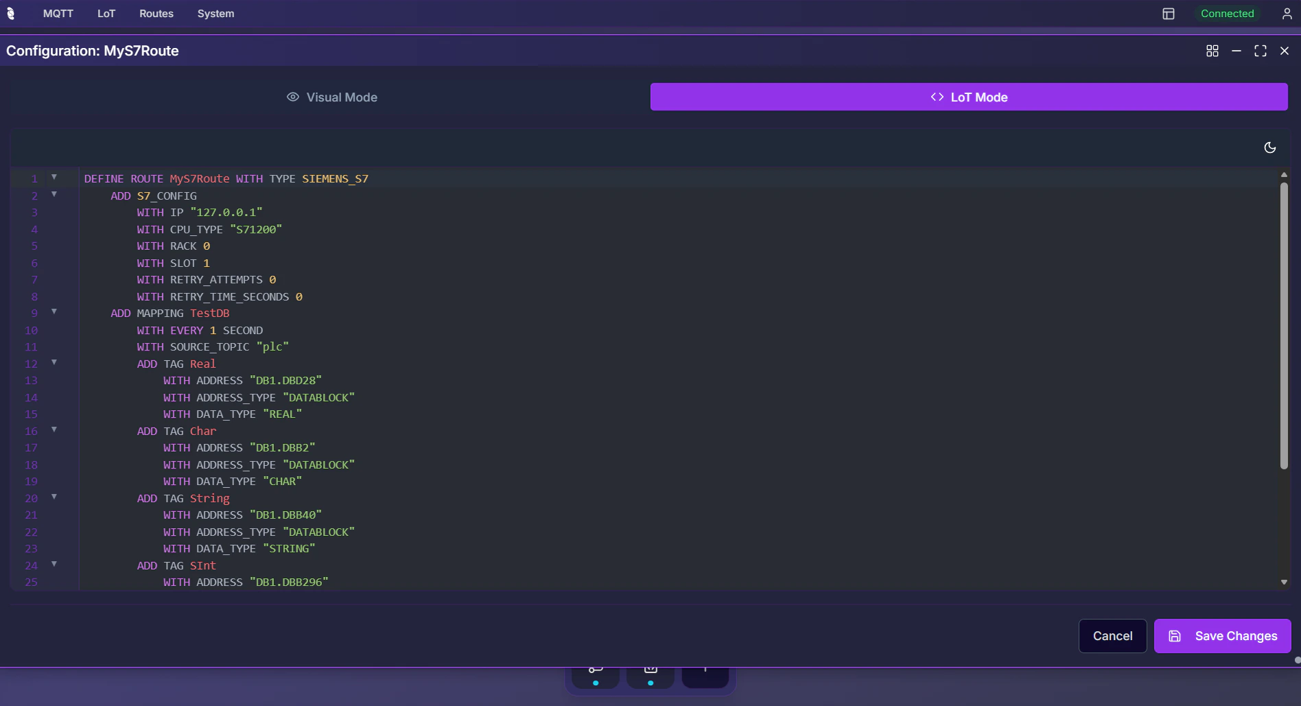 Coreflux HUB Route Configuration in LoT Mode showing DEFINE ROUTE MyS7Route WITH TYPE SIEMENS_S7 with S7_CONFIG, MAPPING, and TAG definitions