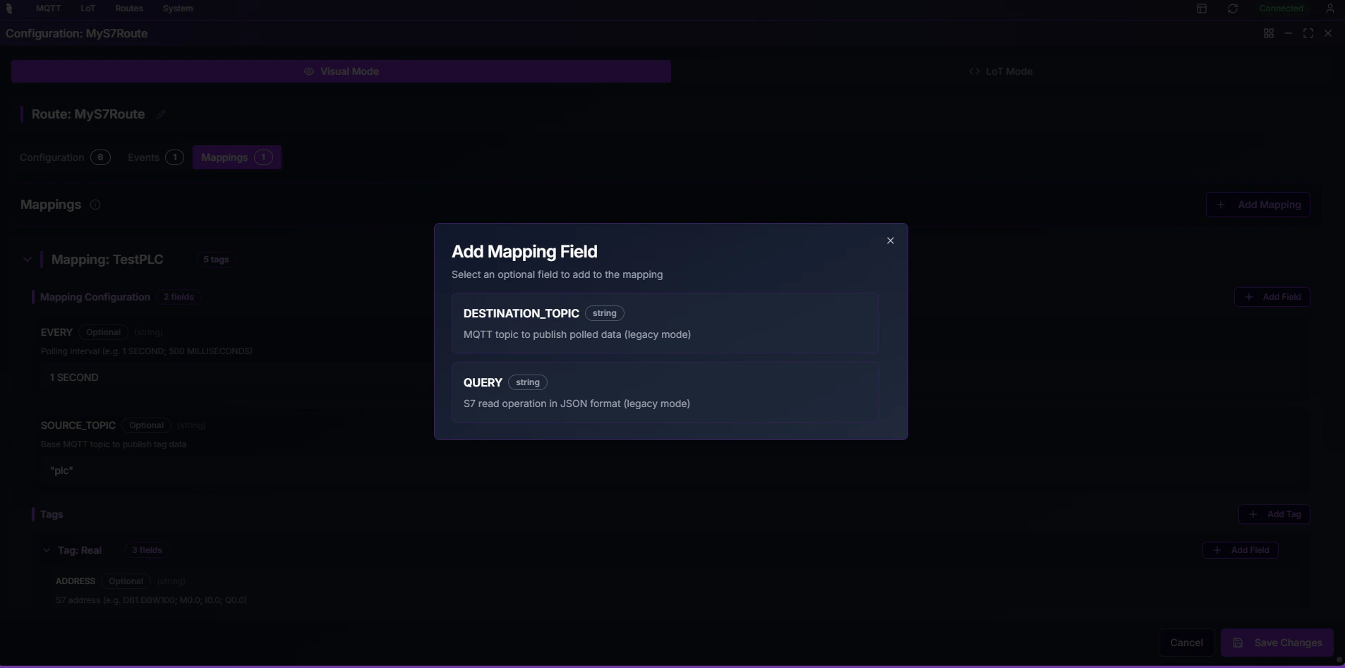 Coreflux HUB Add Mapping Field modal showing DESTINATION_TOPIC (string) for publishing polled data and QUERY (string) for S7 read operations