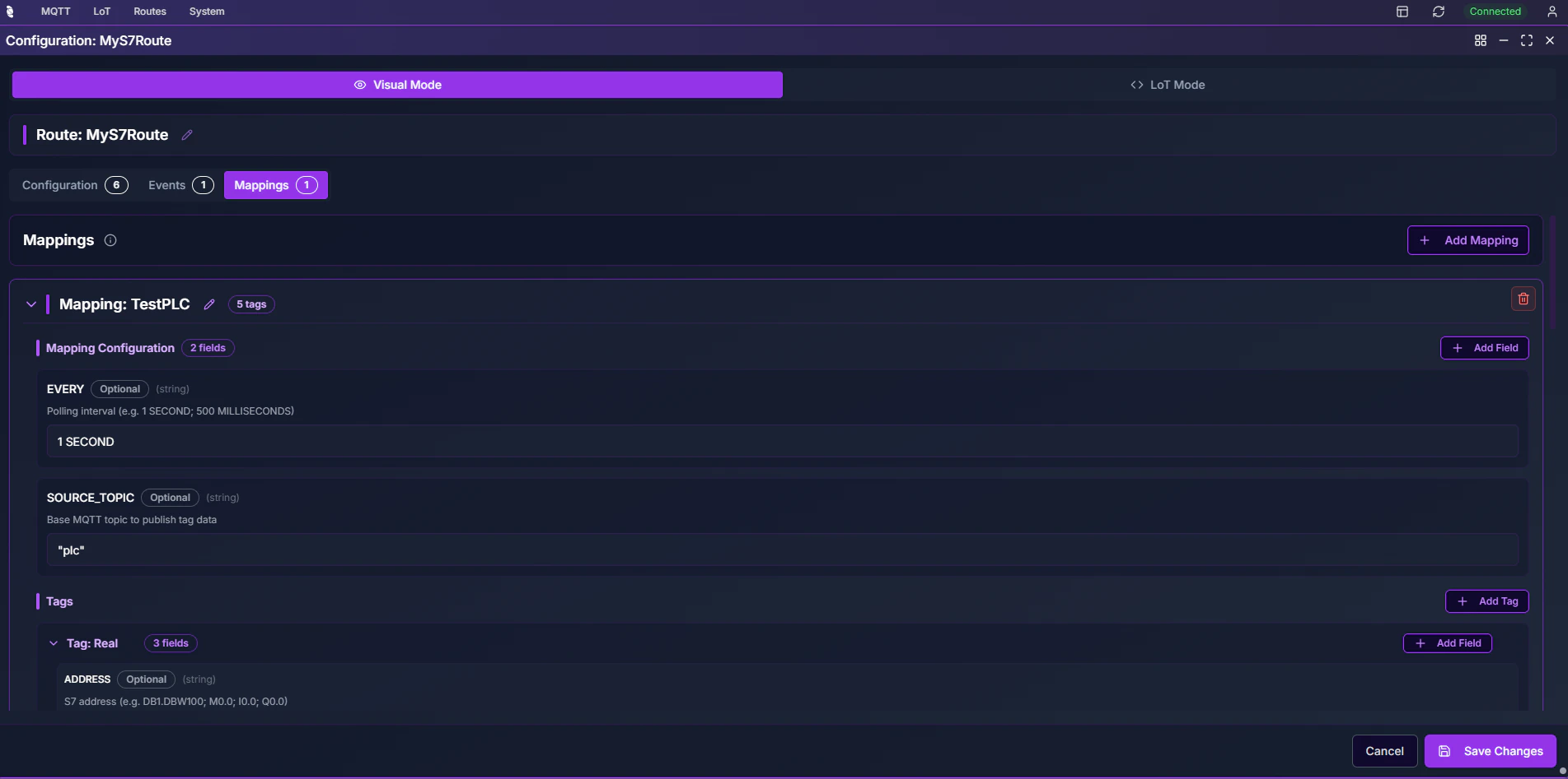Coreflux HUB Route Configuration Mappings tab showing Mapping TestDB with 5 tags, EVERY set to 1 SECOND, SOURCE_TOPIC set to plc, and a Tags section