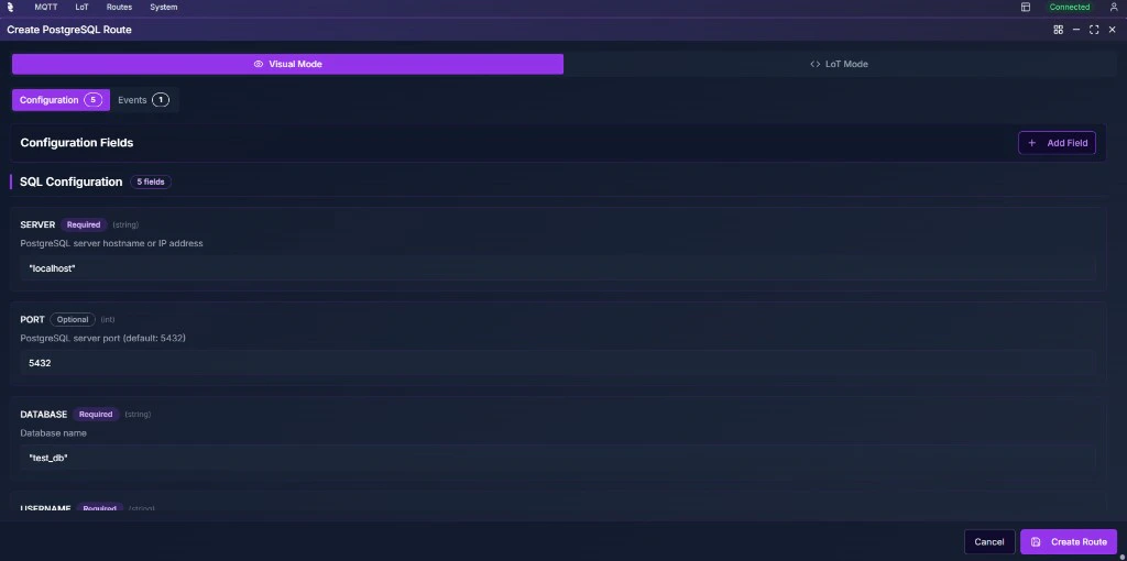 Coreflux HUB Create PostgreSQL Route in Visual Mode showing SQL Configuration fields (SERVER, PORT, DATABASE, USERNAME) with required/optional badges and data types