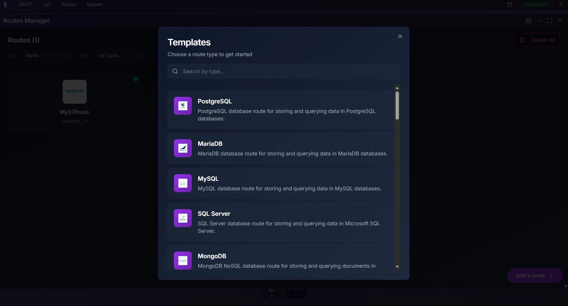 Coreflux HUB Templates modal showing PostgreSQL, MariaDB, MySQL, SQL Server, and MongoDB route types with descriptions and search field