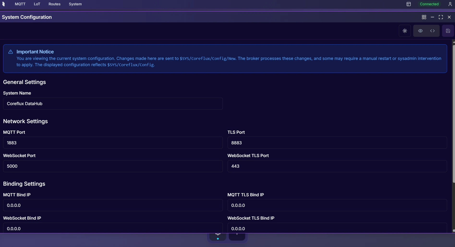 Coreflux HUB System Configuration form view with System Name, MQTT Port (1883), TLS Port (8883), WebSocket Port (5000), WebSocket TLS Port (443), and Binding Settings for MQTT, TLS, and WebSocket IPs