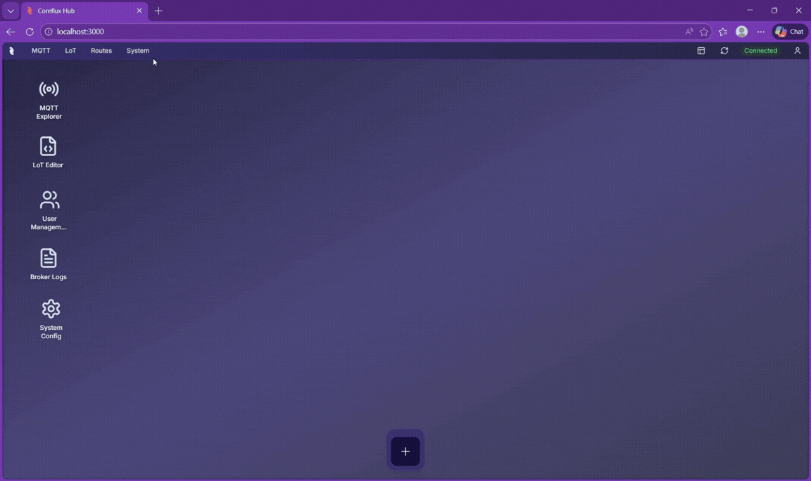 Animated overview of the Coreflux HUB System section showing System Configuration, User Management, Command Console, and Broker Logs tools