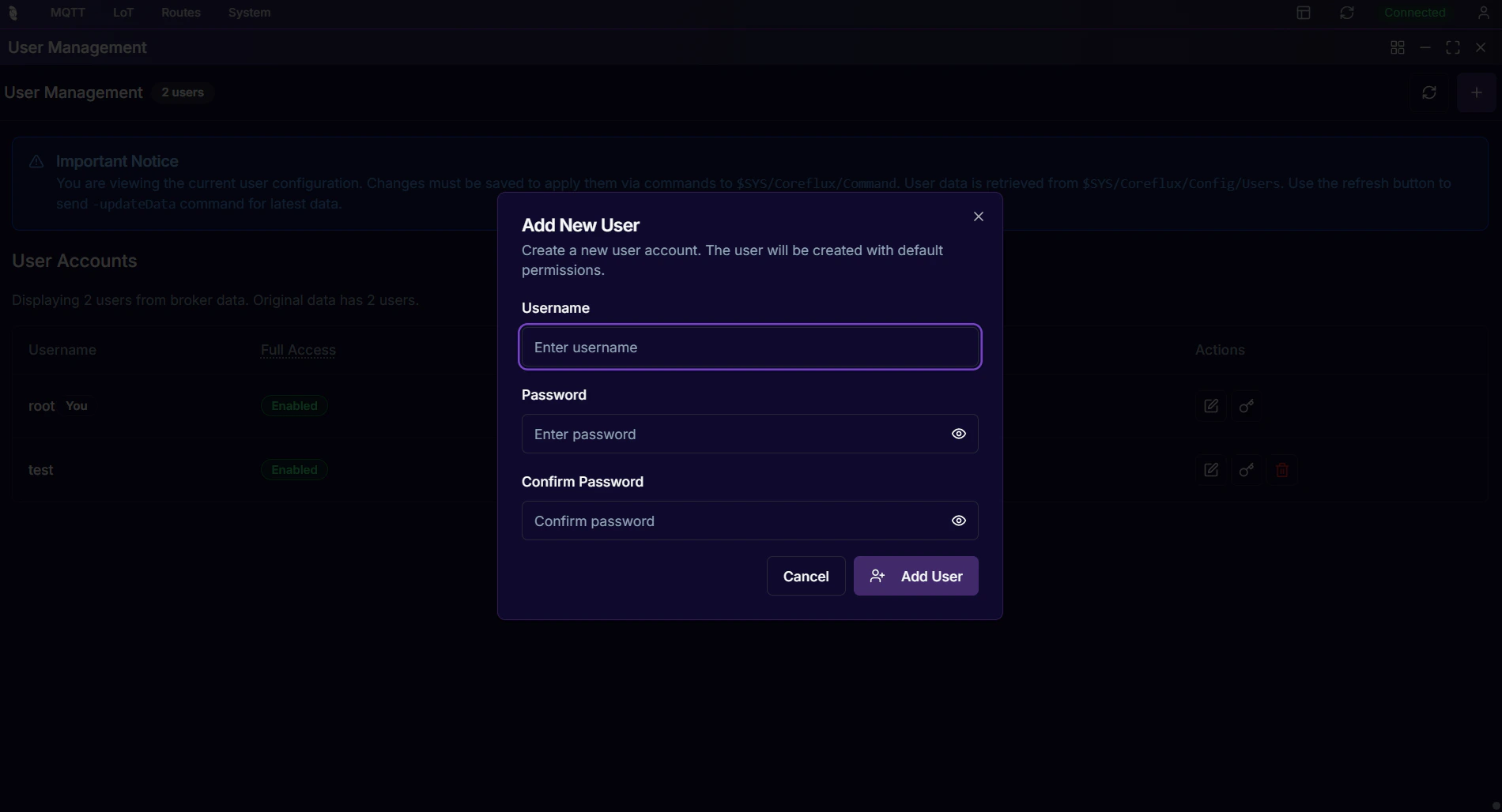 Coreflux HUB Add New User modal with Username, Password, and Confirm Password fields and an Add User button