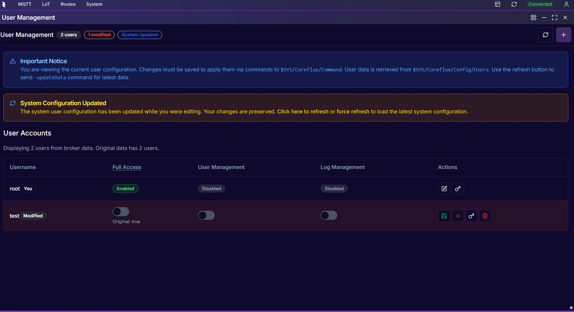 Coreflux HUB User Management showing user test with Modified badge, toggled permissions, and save (floppy), cancel (X), change password (key), and delete (trash) action icons